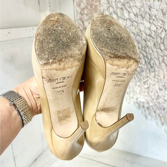 Jimmy Choo Crown Patent Leather Peep Toe Platform Pump Nude Womens Size 38.5 / 8 - Picture 9 of 11